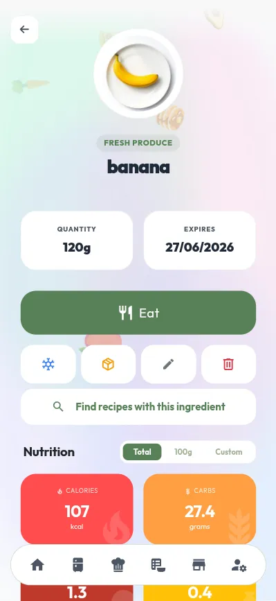 Bytebite item detail screen with nutrition and expiry