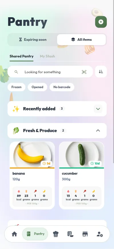 Bytebite pantry screen showing items and expiry dates
